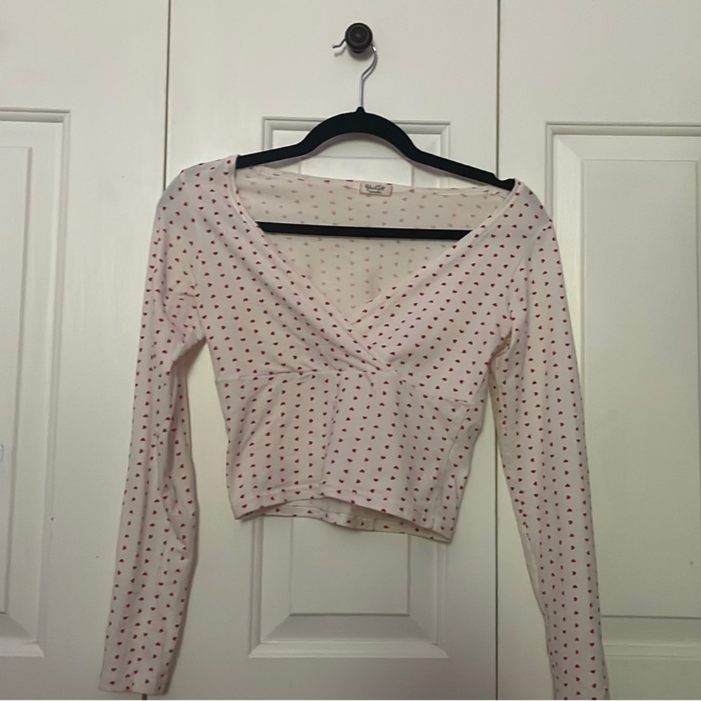 Cream Long Sleeve Wrap Crop Blouse with red hearts